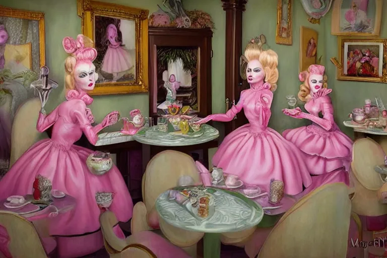 Image similar to Angelyne fights a clone of herself in the tea room, painted by mark ryden