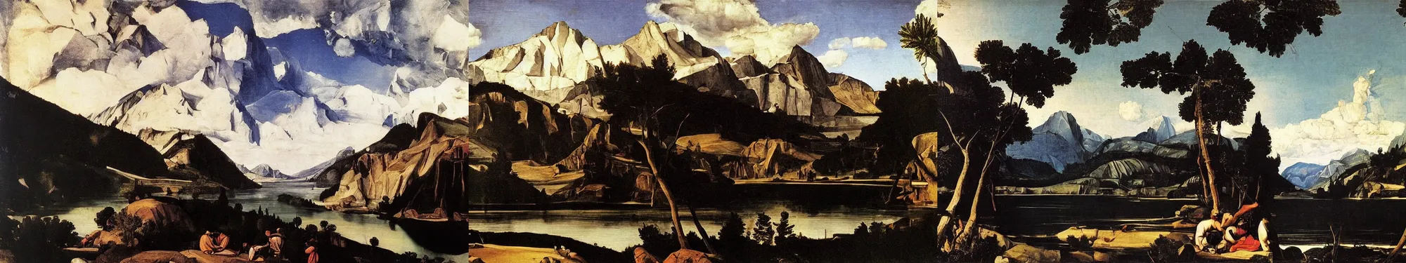Prompt: lakeside mountains, by caravaggio