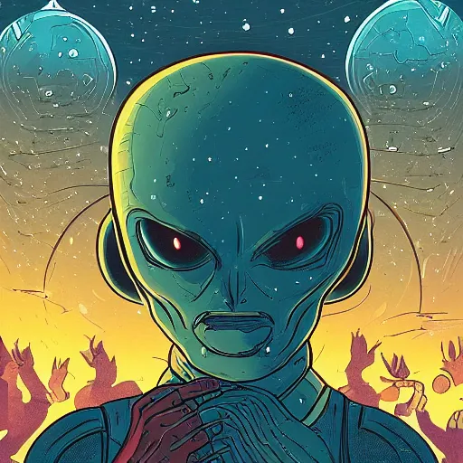 Image similar to An illustration of a peaceful alien helping mankind, 8k, rich colors, digital art, illustrated by Dan Mumford