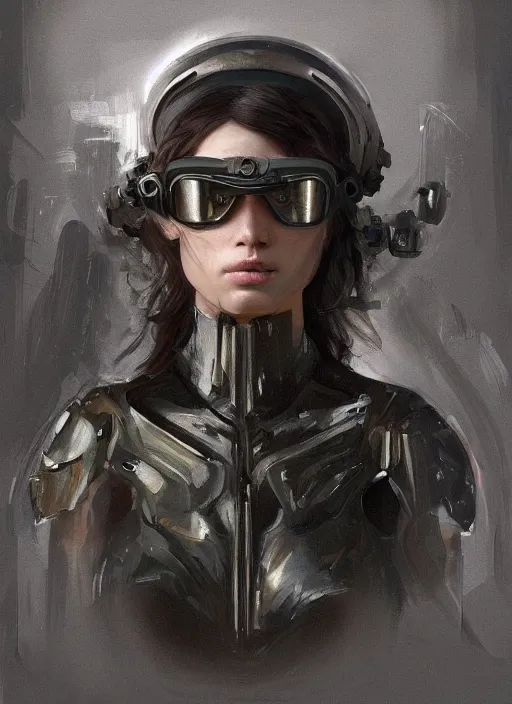 Image similar to a professional painting of a beautiful young female, clothed in stealth armor, compact nightvision goggles, olive skin, long dark hair, beautiful bone structure, symmetrical facial features, intricate, elegant, digital painting, concept art, smooth, sharp focus, illustration, from Metal Gear, by Ruan Jia and Mandy Jurgens and Artgerm and William-Adolphe Bouguerea