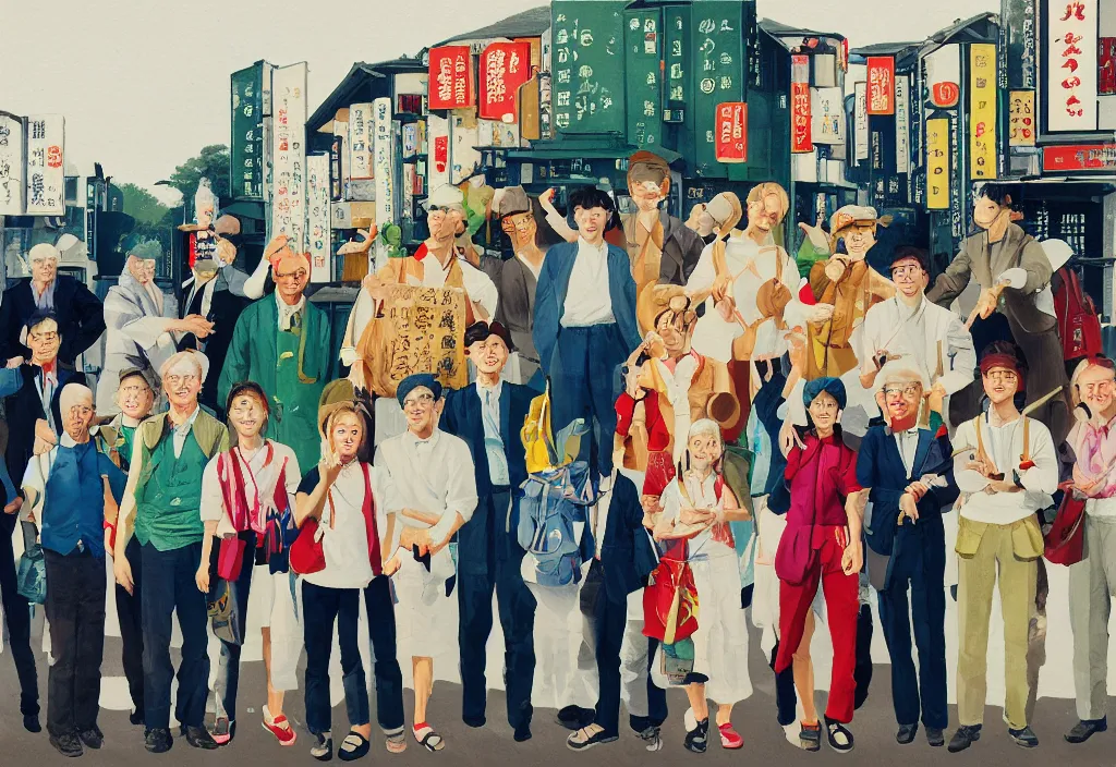 Prompt: full body portrait of a group, a row of a several european tourists getting off a tour bus, standing with a variety of poses and props, several character designs, sightseeing in rural japan, a detailed painting, in the style of wes anderson, lola dupre, david hockney, isolated on negative white space background dark monochrome neon spraypaint accents volumetric octane render