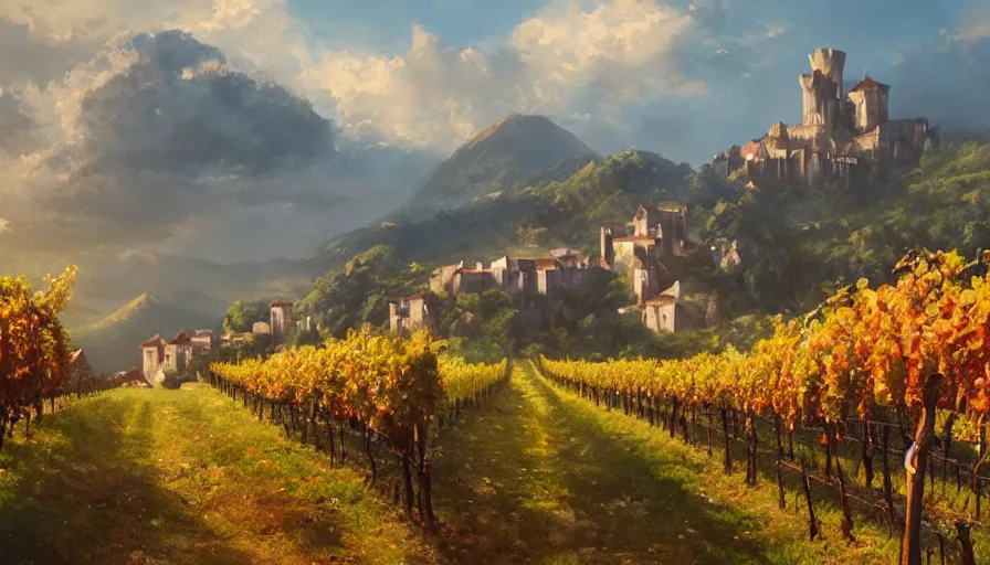 Prompt: a beautiful establishing shot of toussaint castle and vineyards, warm colors by greg rutkowski and kalin popov, trending on artstation, masterpiece,