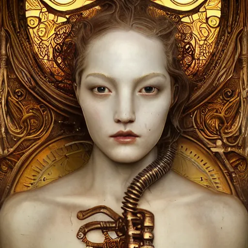 Prompt: portrait photo, artwork by james jean, hyperdetailed realistic smooth polished porcelain, beautiful female steampunk cyborg, half face is mechanical parts, jean delville, art nouveau, gustav klimt, ornate copper patina gothic icon, james jean, ultrasharp hyperdetailed photorealistic octane render