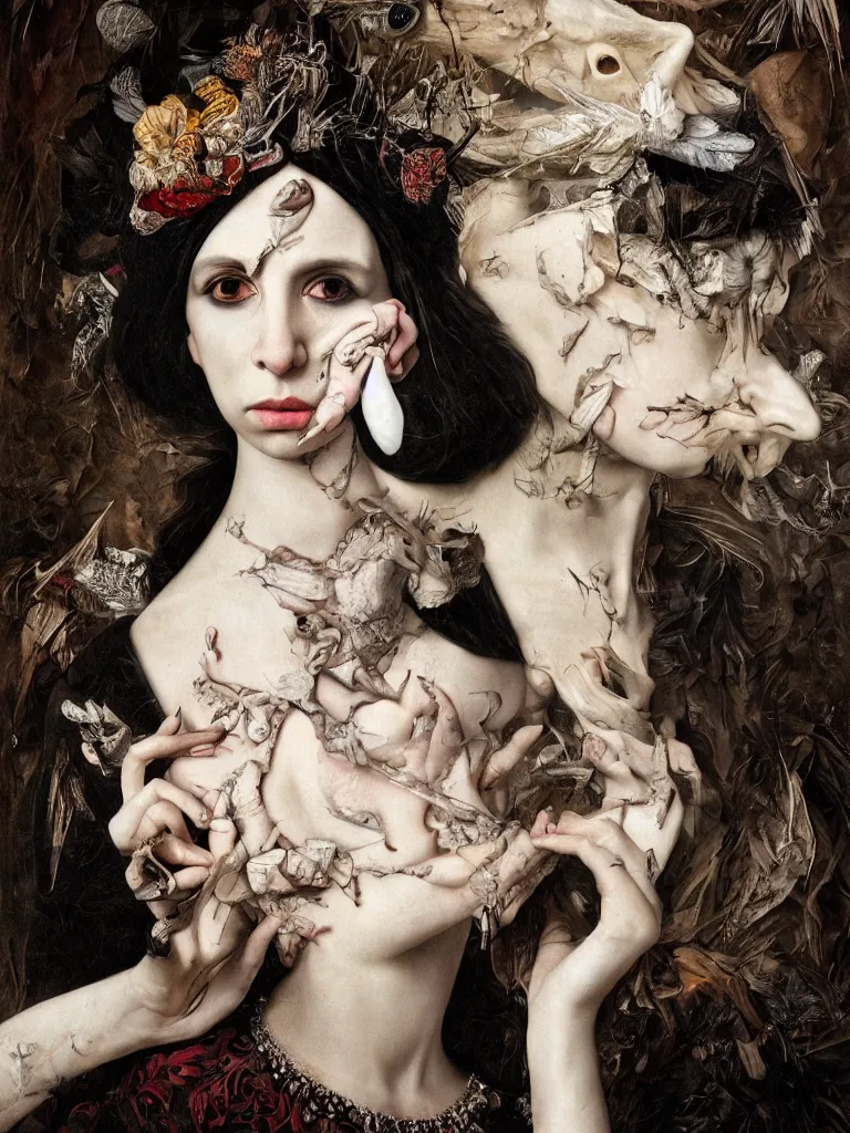 Image similar to Detailed maximalist portrait with cracked porcelain skin, dark doe eyes, a mouth like PJ Harvey, feather and milk, HD mixed media, 3D collage, highly detailed and intricate, surreal illustration in the style of Caravaggio, dark art, baroque