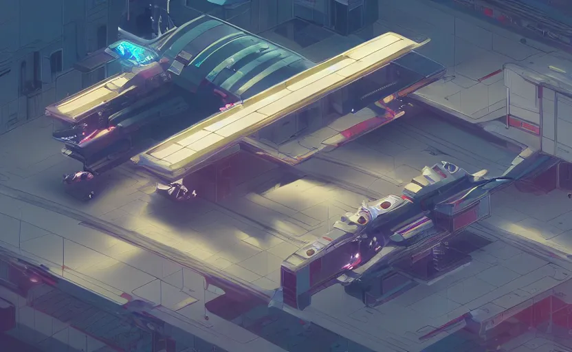 Image similar to isometric, a spaceship, gas station in space, sharp focus, rim light, exquisite lighting, hard edges, moebius, sci - fi, print, cinematic, game art, soft painting, artstation