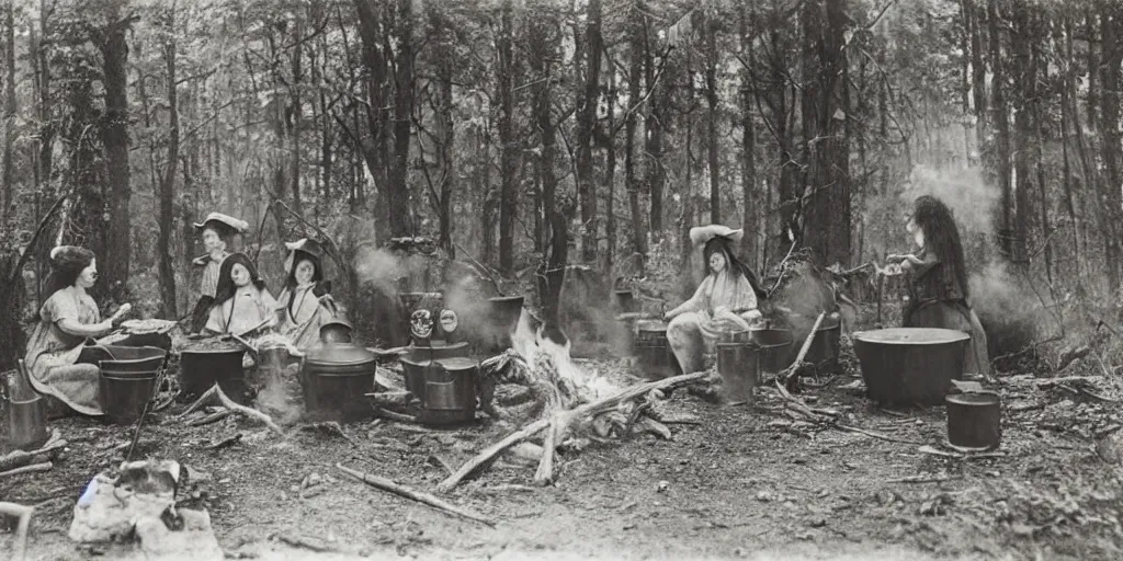 Prompt: witches around a campfire with a huge cooking pot in an ominous forest, 1 9 0 0 s photography