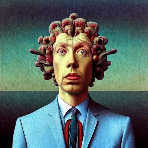 Prompt: realistic extremely detailed portrait painting of an average man with exposed clear brain case:10, retro futuristic ,water water, by rene magritte, beeple,Jean Delville, Amano,Yves Tanguy, Alphonse Mucha, Ernst Haeckel, Edward Robert Hughes,Stanisław Szukalski and Roger Dean, rich moody colors, blue eyes,octane render,4k,f32