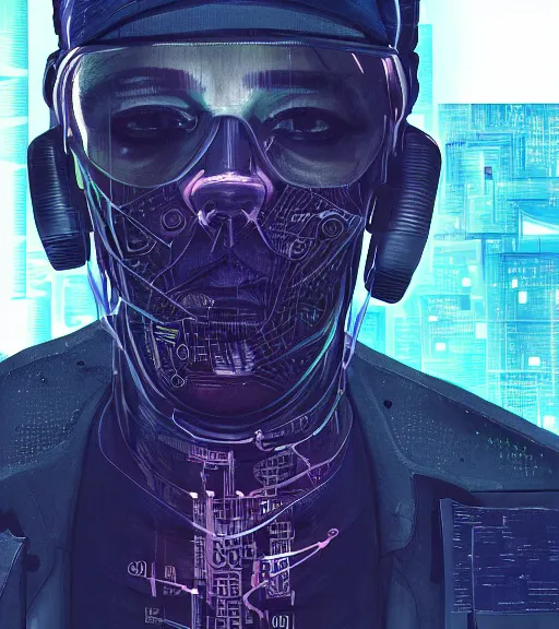 Image similar to a cyberpunk man with multiple digital patchwork faces, techwear, Industrial Scifi, detailed illustration, character portrait, by Martin Grip and Moebius