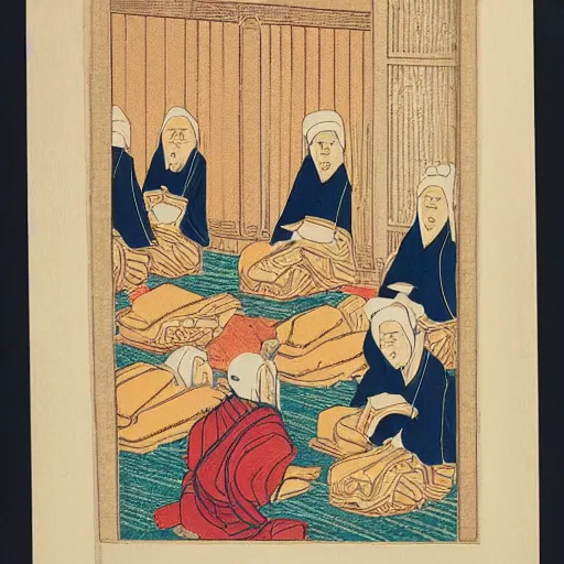 Prompt: late meiji period, colored woodblock print, muslim kneeling for prayer