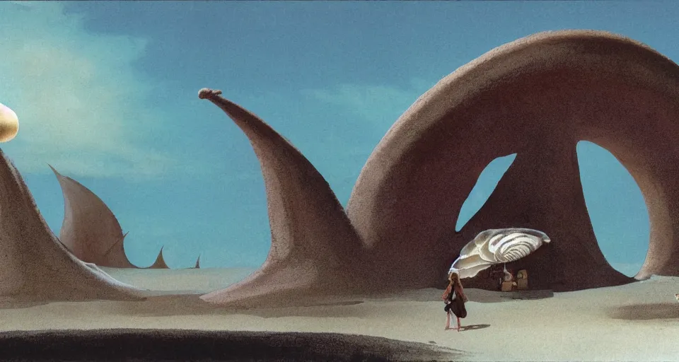 Image similar to a deserted island, giant seashell stands in the middle, a girl standing below, concept art by roger dean and john harris, atmospheric