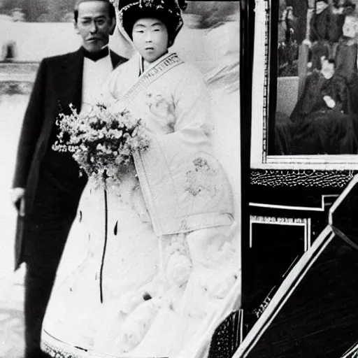 Prompt: An extreme long shot wide shot, colored black and white Russian and Japanese mix historical fantasy a photograph portrait taken at the empress and emperor's royal wedding in the imperial carriage going back to the palace, they had a private moment together, golden hour, warm lighting, 1907 photo from the official wedding photographer for the royal wedding.