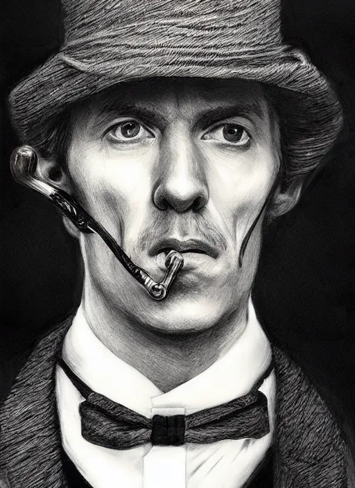 Prompt: Sherlock Holmes, hyper realistic, portrait, deerstalker, pipe, 4k, 8k