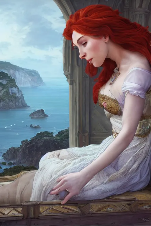 Image similar to a hyperdetailed matte painting of triss merigold as a princess asleep on a bed in a tower, sleeping beautry, window overlooking cliffs and crashing waves in the background, highly detailed, deep focus, elegant, digital painting, smooth, sharp focus, ultra realistic, 8 k, art by artgerm and alphonse mucha