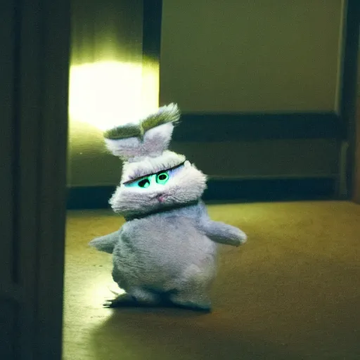 Prompt: Found footage of a dimly lit bedroom with a single furby sitting in the center of the room, staring at the viewer in the doorframe