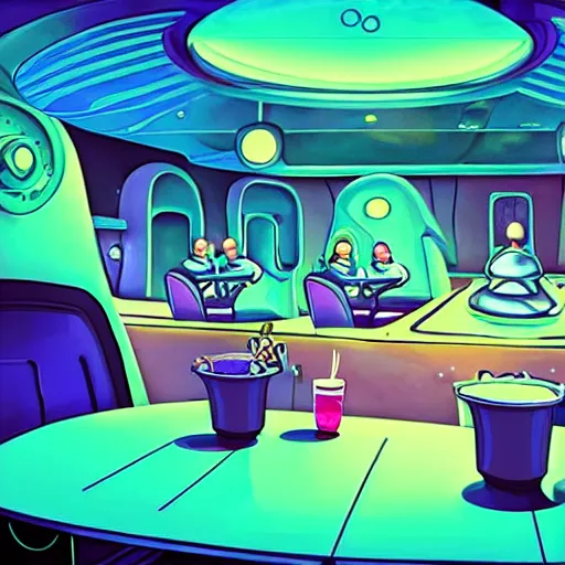 Prompt: a futuristic diner in outer space, glowing neon ambiance, soft pastel neon glow, aliens eating and enjoying a meal at an alien diner in outer space, fantasy illustration, detailed painting, and deep color