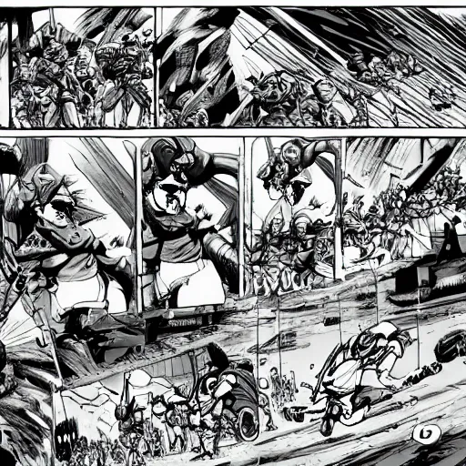 Image similar to large scale battle comic highly detailed in the style of olivier ledroit