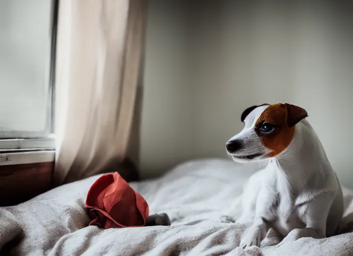 Image similar to photography of a Jack Russel . watching outside the window. on a bed. in a vintage room.,volumetric light, photorealistic,, award winning photo, 100mm, sharp, high res