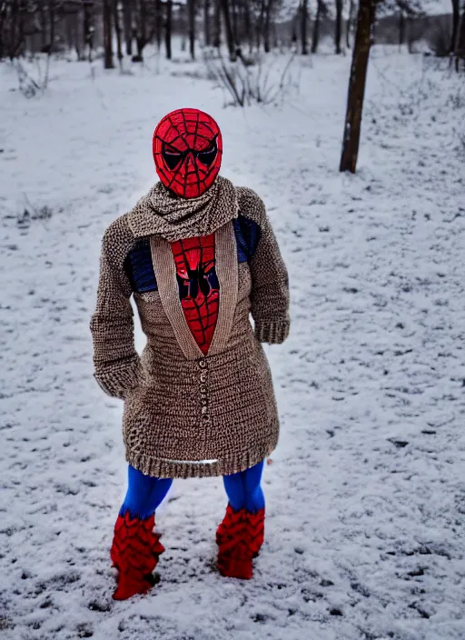 Prompt: stunning dslr photograph of ( ( ( ( granny spiderman ) ) ) ) in rural russia town, knitted suit, closeup, dynamic pose, closeup, aperture 1. 2