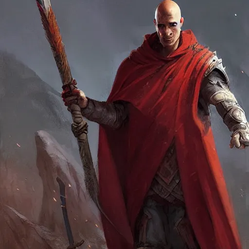 Image similar to a portrait of a red - skinned dragonborn monk in a plain white cloak white cloak, holding a spear with a black tip, fantasy art by greg rutkowski