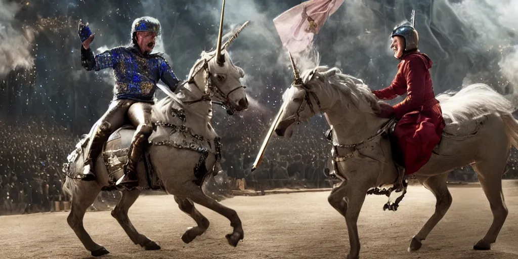 Image similar to stephen hawking jousting on a sparkly unicorn the last knight cinematic