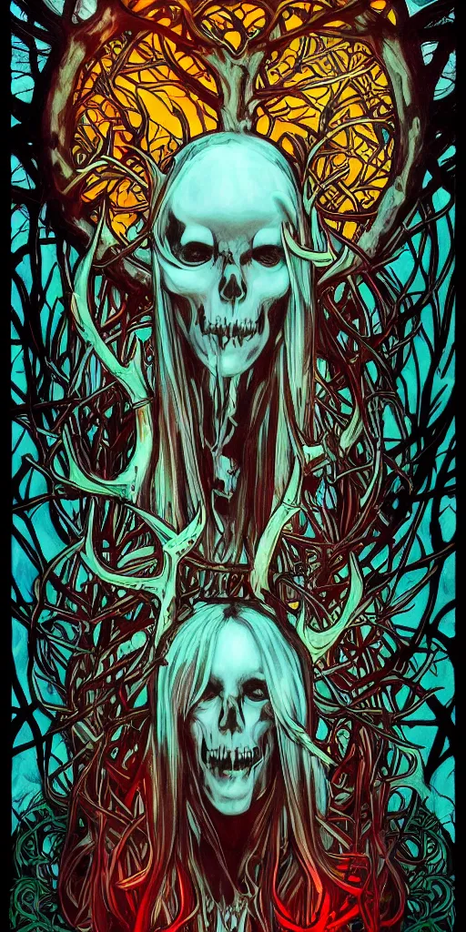 Image similar to intense glowing black metal pagan god with antlers and veins and intense glowing eyes with a skull in very dark forest by artgerm and alphonse mucha, portrait, fantasy, clear, red and teal and yellow, light beams, lens flare, intense, uhd, amazing depth, cinematic lighting