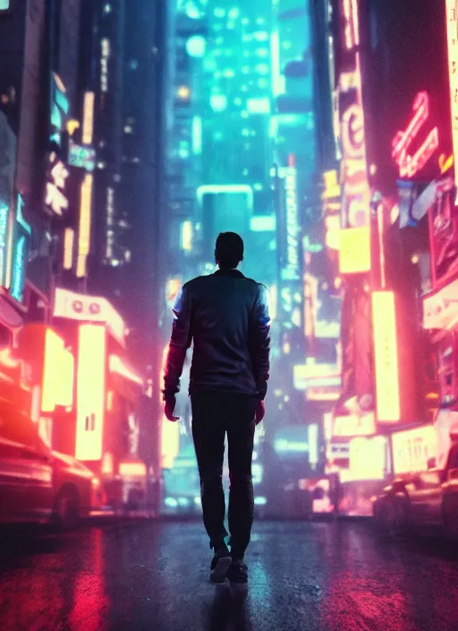 Prompt: a 3D render of an android with glowing lights walking down the street in New York City, bokeh, Canon 50mm, cinematic lighting, volumetric light, octane, octane render, redshift render, cyberpunk, Blade Runner, Blade Runner 2049