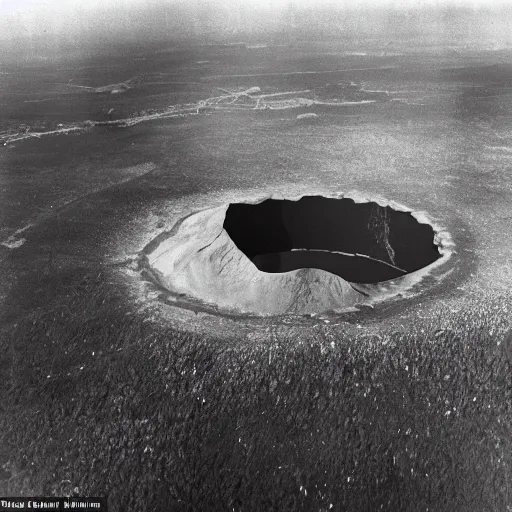 Prompt: a large nuclear crater in manhattan, a destroyed forest is in the distance, there is smoking coming from the city, taken from a plane, realistic, taken on a ww 2 camera.