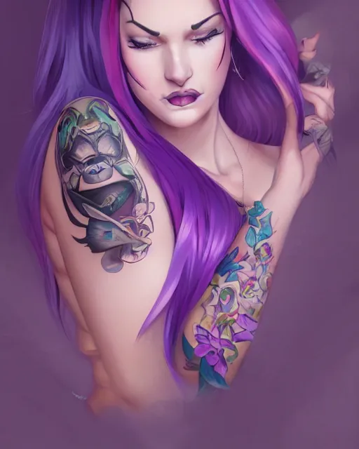 Image similar to beautiful female purple hair tattoo symmetrical face eyes twitch streamer full length fantasy artviper valorantVideo game icon, 2d game art gta5 cover , official fanart behance hd artstation by Jesper Ejsing, by RHADS, Makoto Shinkai and Lois van baarle, ilya kuvshinov, rossdraws