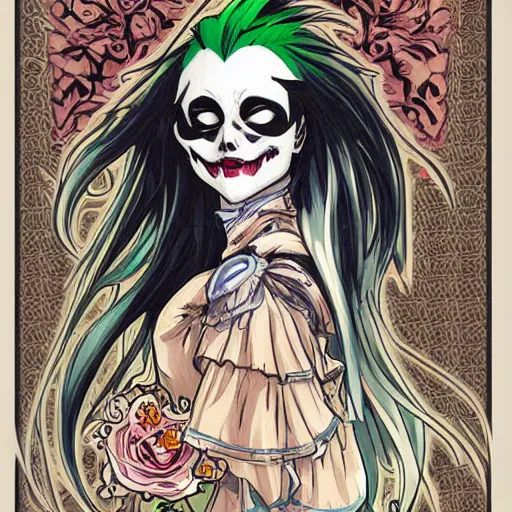 Prompt: anime manga skull portrait young woman hair Joker comic skeleton illustration style by Alphonse Mucha warhol pop art nouveau
