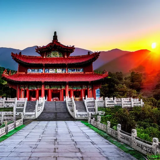 Image similar to a beautiful wide angle HDR photograph of a distant Chinese temple in a vast mountain valley at sunset