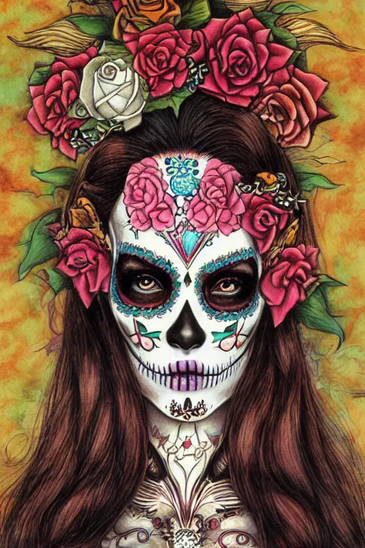 Prompt: Illustration of a sugar skull day of the dead girl, art by chie yoshii