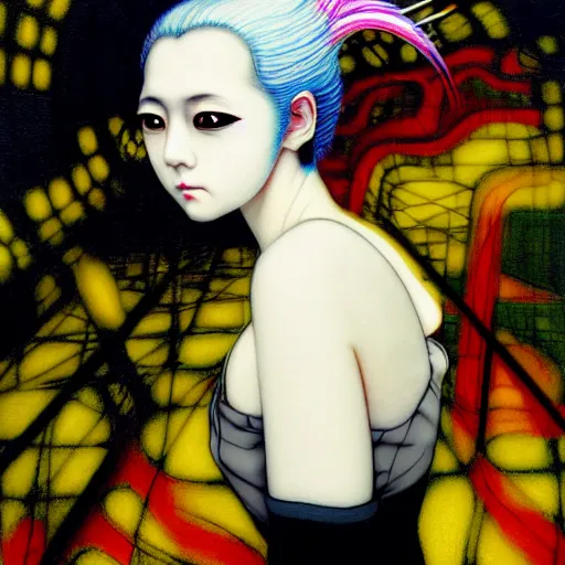 Image similar to yoshitaka amano blurred and dreamy realistic three quarter angle portrait of a young woman with white hair and black eyes wearing dress suit with tie, junji ito abstract patterns in the background, satoshi kon anime, chungking express color palette, noisy film grain effect, highly detailed, renaissance oil painting, weird portrait angle, blurred lost edges