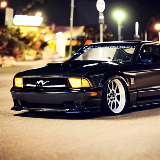 Image similar to JDM 90s car meet dark night time 2013 Mustang cut hood exahust through the hood removed front bumper wangan