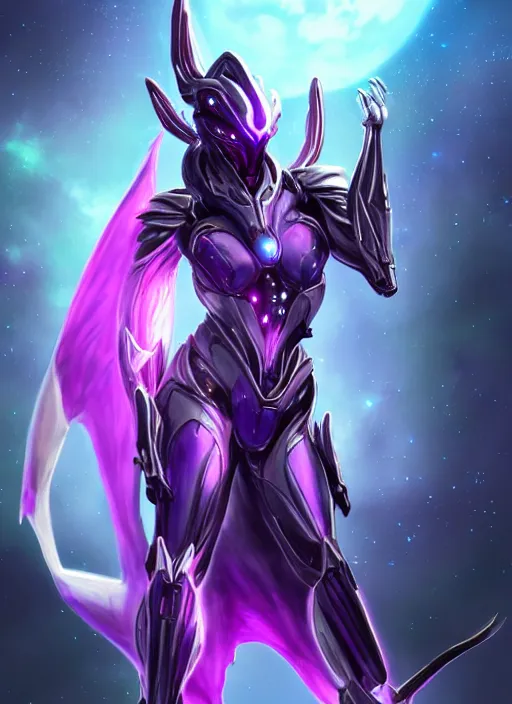 Image similar to cinematic close shot, galactic sized goddess, proportional stunning beautiful hot female warframe, sleek mecha female dragon head, metal ears, led purple eyes, smooth fuschia skin, smooth silver armor, floating in space, holding a galaxy, epic proportions, epic size, epic scale, furry art, dragon art, giantess art, warframe fanart, furaffinity, octane