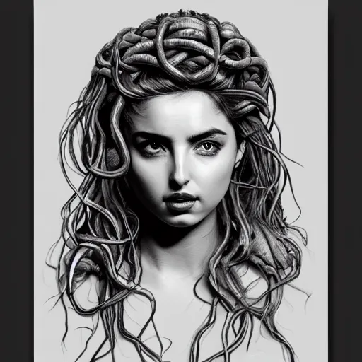 Image similar to ana de armas portrait as medusa from greek mythology, living venomous snakes in place of hair, ink drawing,, hyperdetailed, 8 k realistic, trending on artstation, by alphonso dunn and rob plater and miles yoshida