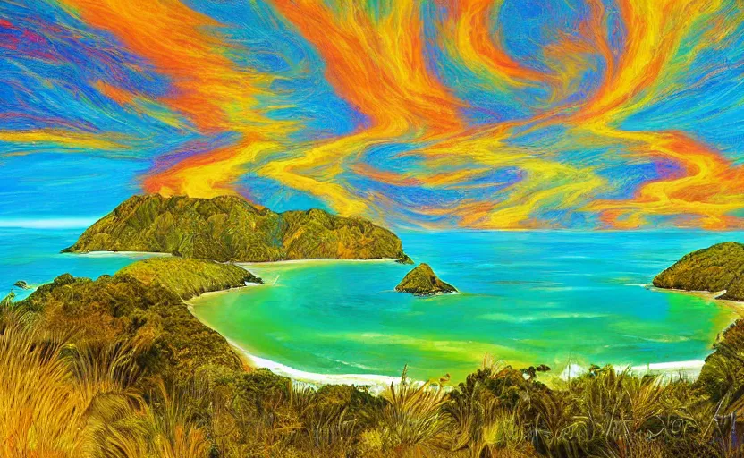 Image similar to golden bay abel tasman new zealand in the style of psychedelic oil painting, digital art, high quality, highly detailed, high coherence,, concept art, marterpiece