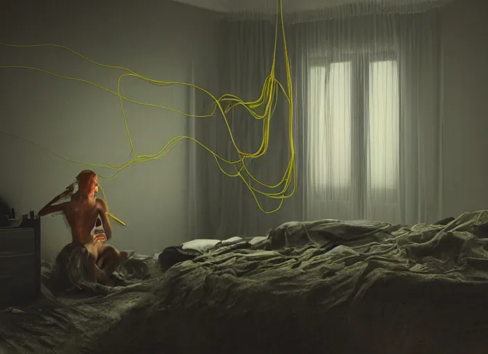 Image similar to rgb, woman, yellow bedroom, cinematic, movie scene, inspired by zdzislaw beksinski, new zealand landscape, clothes made out of veins,, cables everywhere, bedroom, ultra realistic, concept art, intricate details, highly detailed, photorealistic, octane render, 8 k