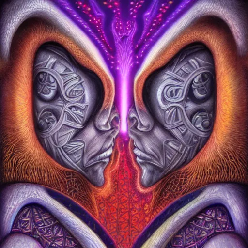 Prompt: medieval fantasy heart broken in two pieces, by alex grey, TOOL band art, psychedelic, fractals, detailed, 8K