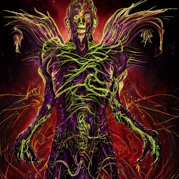 Image similar to a realistic photograph of a cosmic deity of chaotic blood wars embodied in the offspring of evil gods incarnate so they may feed on the broken souls of the empty shells of the created humans made for one thing but to be soulfood for the wicked damn