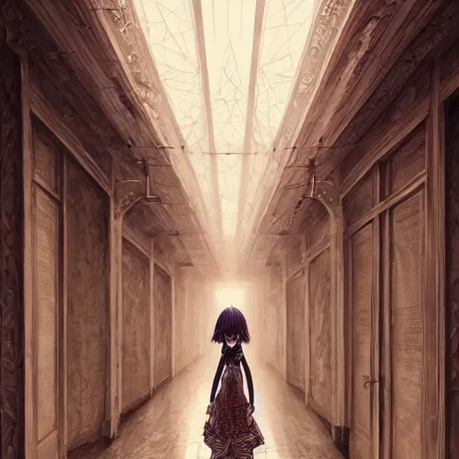 Prompt: beautiful girl in intricate clothing walking through a hallway filled with reaching hands, reflections, very high intricate details, horror, painting, digital anime art, medium shot, mid - shot, wlop, ilya kuvshinov, artgerm, krenz cushart, greg rutkowski, sana takeda