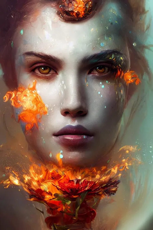 Image similar to abstract face closeup of beautiful girl covered with fire and water, 3 d render, hyper realistic detailed portrait, holding magic flowers, ruan jia, wlop. scifi, fantasy, hyper detailed, octane render, concept art, by peter mohrbacher, by wlop, by ruan jia
