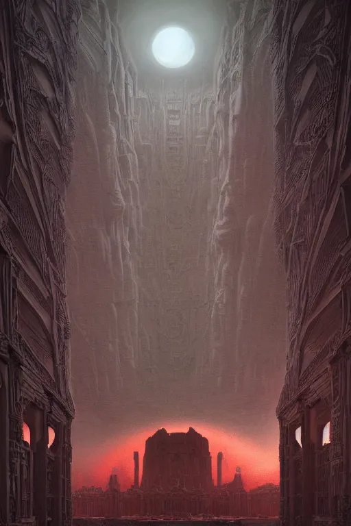 Image similar to sci - fi concrete alien eldritch demonic baroque rococo gothic architecture in hell, babylonian, ziggurat, zaha hadid, beksinski, wayne barlowe, oil painting, photoreal, highly detailed, 8 k, hd, vray, artstation, cinematic matte painting, extreme detail photo quality, sunset, featured on behance