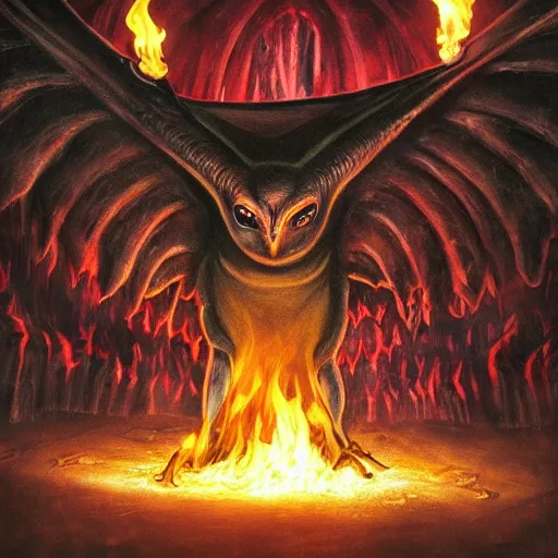 Prompt: photo, a giant massive huge crowd of people in black cult robes holding lit fire torches worshipping a giant huge massive idol of an alien owl bat monster made of shiny reflective colorful latex, inside a massive dark cave, dripping blood raining from above