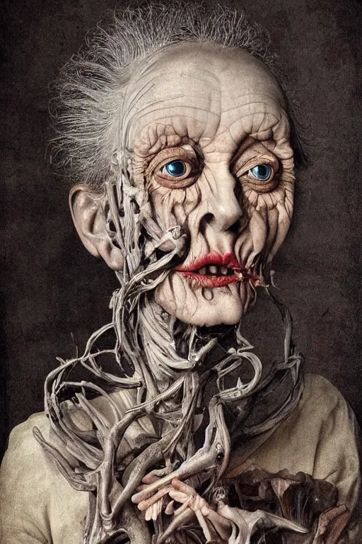 Image similar to Detailed maximalist portrait of an old woman with large lips and eyes, scared expression, botanical skeletal with extra flesh, HD mixed media, 3D collage, highly detailed and intricate, surreal illustration in the style of Caravaggio, dark art, baroque