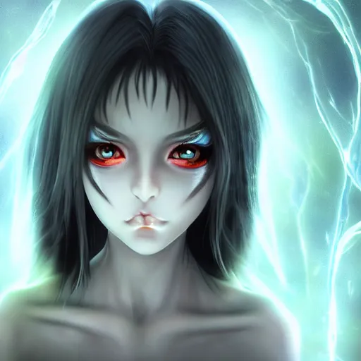 Image similar to photorealistic full shot portrait of angry darkness anime girl, electric aura, beautifull lovely eyes!!!!!!!!! inspired by tim burton, detailed, unreal engine 4 k, volumetric light, fog