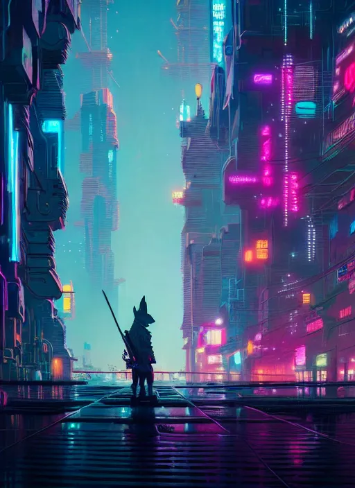 Image similar to masterpiece concept art, neon corgi in a cyberpunk world by greg rutkowski and geof darrow, 8 k, intricate detail, cinematic lighting