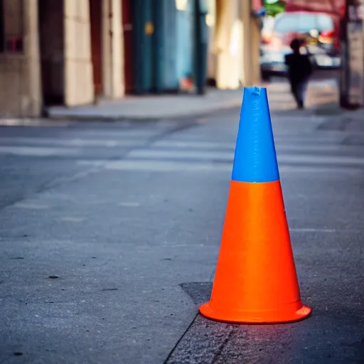 Prompt: a blue traffic cone, 3 5 mm lens, street photography