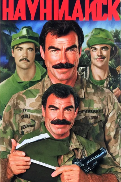 Image similar to tom selleck 1 9 9 0 s vhs box art, romantic comedy, hawaii, army men, highly detailed, hd, realism