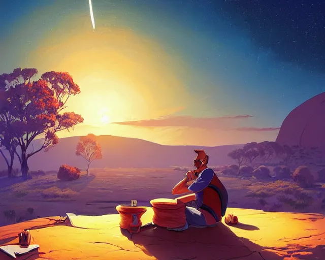 Image similar to man sitting at uluru playing medicine drum at campfire under cosmic night sky, behance hd by jesper ejsing, by rhads, makoto shinkai and lois van baarle, ilya kuvshinov, rossdraws global illumination radiating a glowing aura global illumination ray tracing hdr render in unreal engine 5