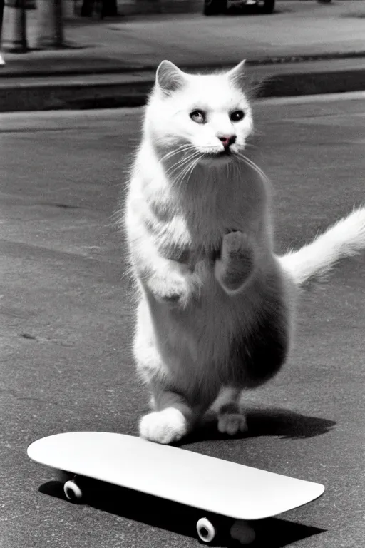 Image similar to leica s photograph, kodachrome film, subject is a white furry cat riding on a skateboard that is rolling down broadway in nyc, bruce gilden, detailed